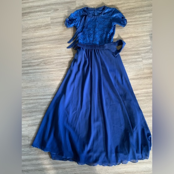 Handmade blue dress with lace bodice and matching belt - Picture 1 of 7